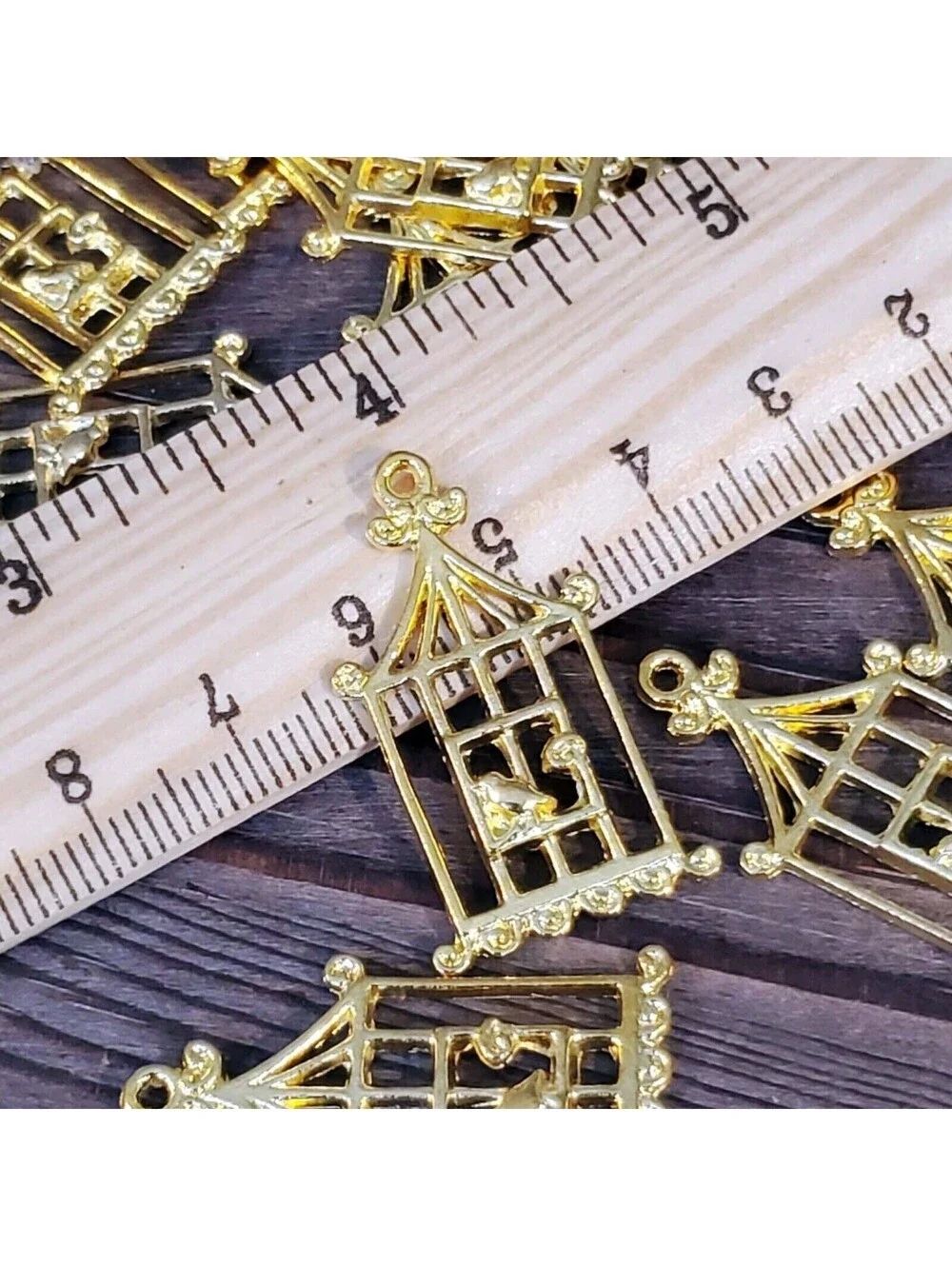 Gold 14K Plated Pewter Art Deco Nouveau Bird & Cage Pendants 29x18mm 2 pcs